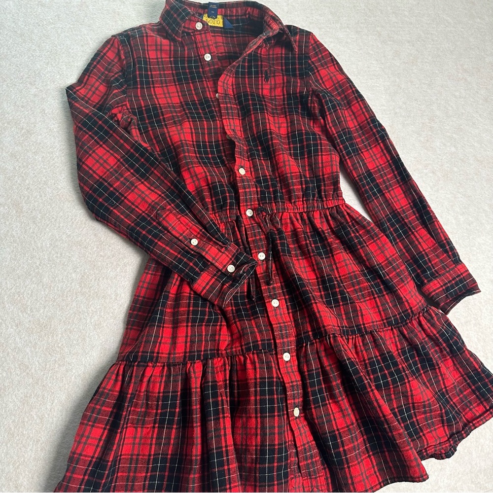 Polo Ralph Lauren Girls Size 10 Plaid Flannel Dress Red Black  (Missing Sash)